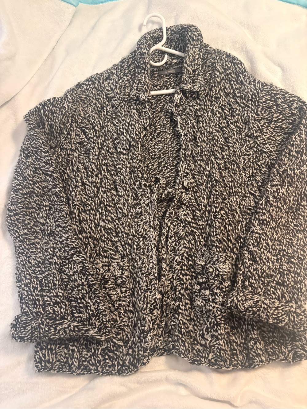 Chunky Black and White Marled Knit Cardigan with Tie